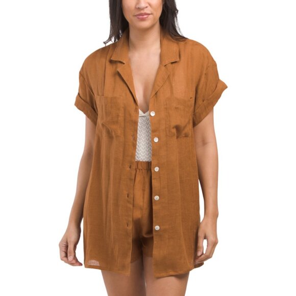 VITAMIN A Cocoa Brown Linen Playa Pocket Cover-up Blouse - Picture 1 of 2